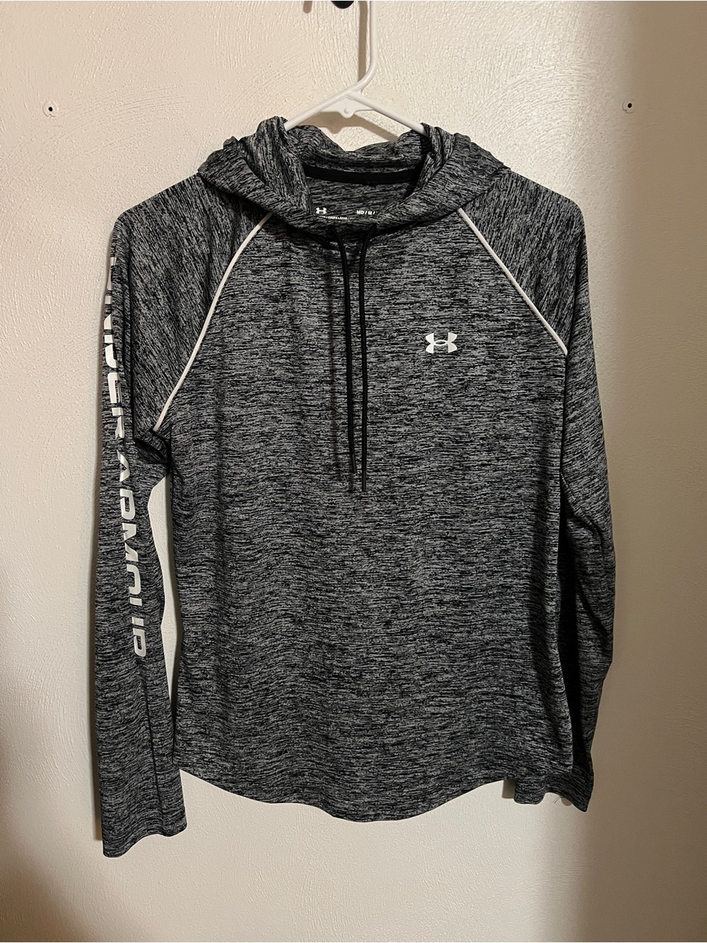 UNDER ARMOUR Velocity Athletic Dry Fit Hooded Long Sleeve Grey White Wms Sz M